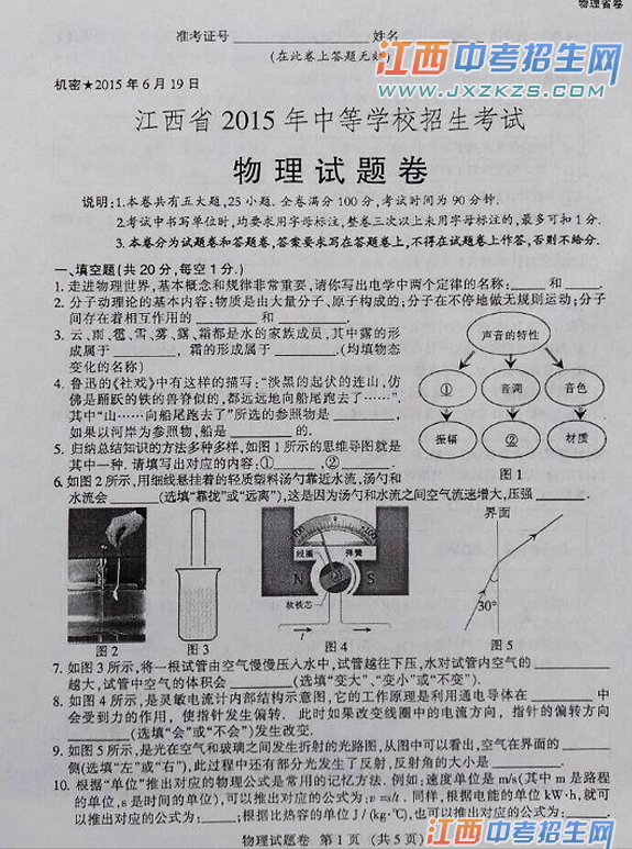 2015年江西省中考统考物理试题与答案