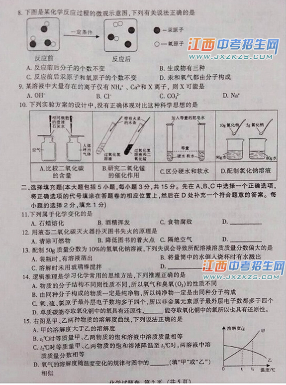 2015年江西省中考统考化学试题