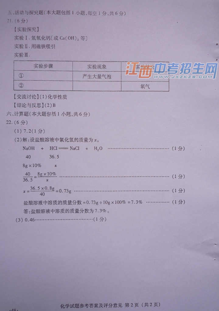 2014年南昌市中考化学答案