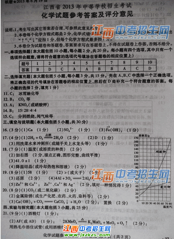 2013江西省统考化学答案