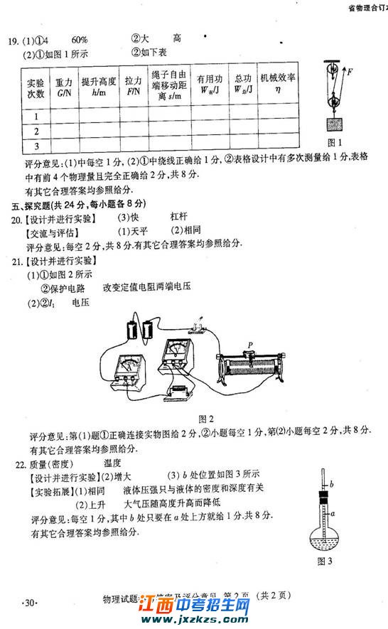 2012年江西中考物理试题与答案及评分标准