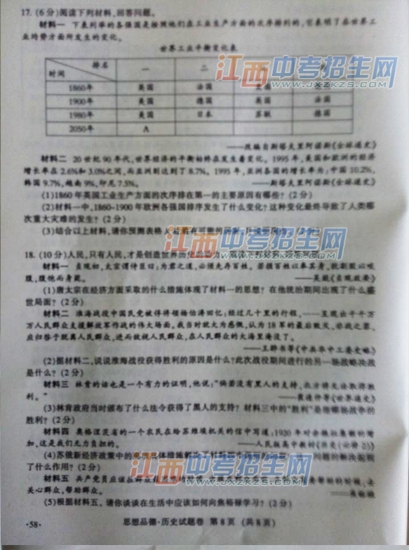 2014江西省中考统考历史试题